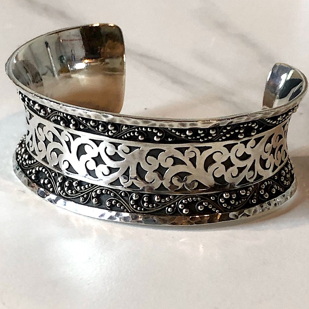 LOIS HILL Sterling Silver Oxidized Cuff Bracelet with Cut Out & Filigree Accents